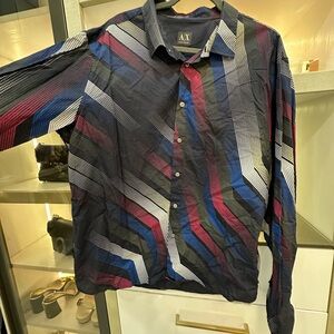 Armani Exchange Men's Geometric Striped Shirt - Black, Blue, Red Size XXL